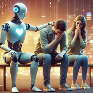 Depiction of an empathetic robot offering comfort to a person in distress.