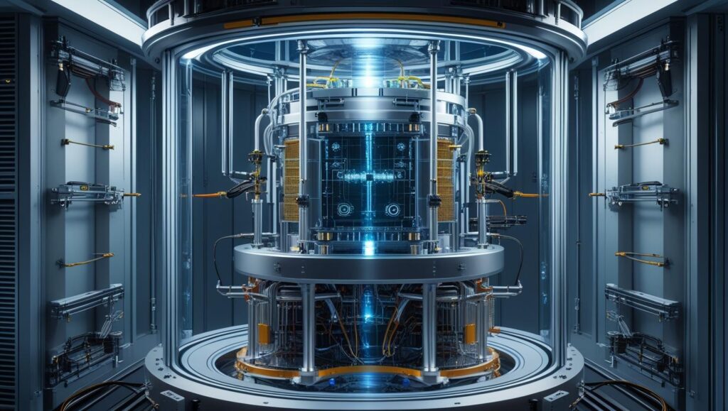 Quantum Computer with cryogenic cooling, vacuum chamber and electomagnetic shielding